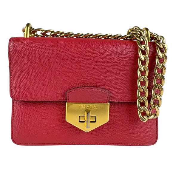 PRADA Shoulder Bag Leather Red Gold Women's z4666 - Picture 1 of 5